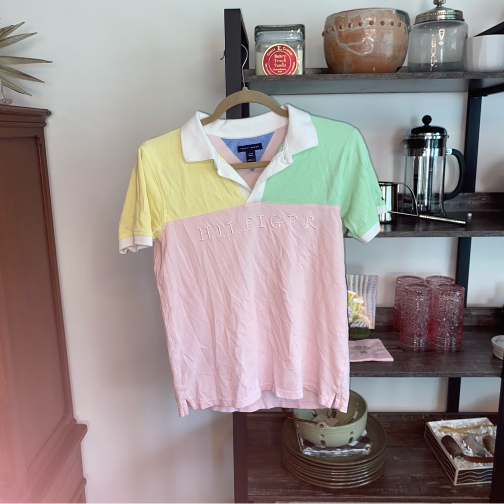 Tommy Hilfiger Vintage Style Colorblock Logo Polo Shirt Pastel y2K preppy EUC
